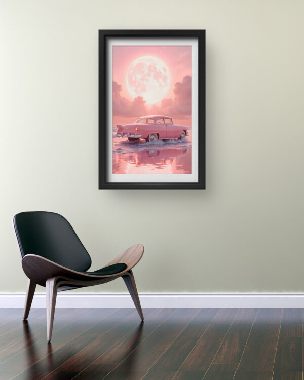 Pink Vintage Car Under Moonlight Wall Art
