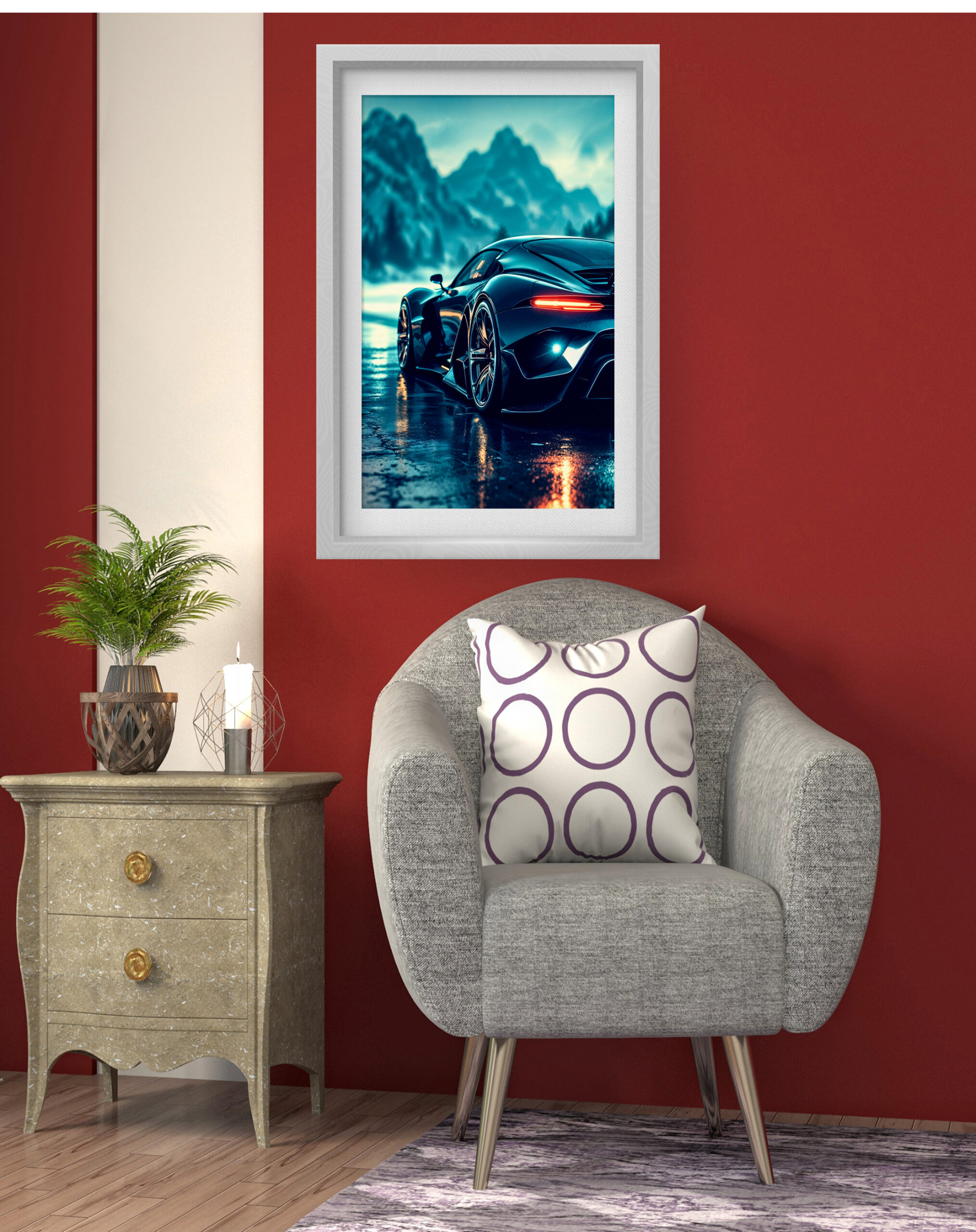 Midnight Supercar Rain Reflection Wall Art